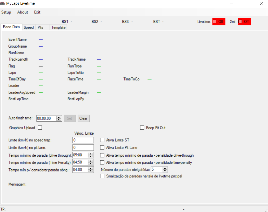 Tela do Livetime — dados da corrida ao vivo